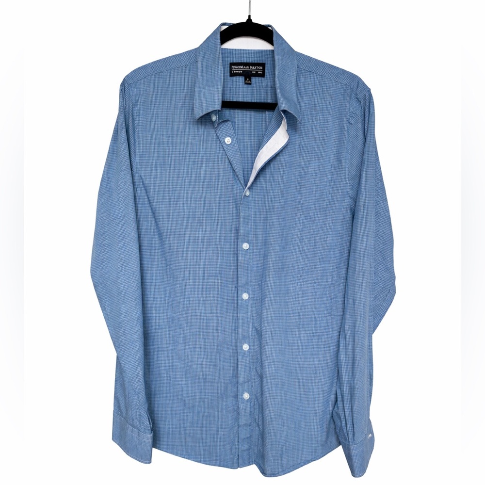 Thomas Payne London Blue Micro Check Dress Shirt Men’s Medium Long Sleeve